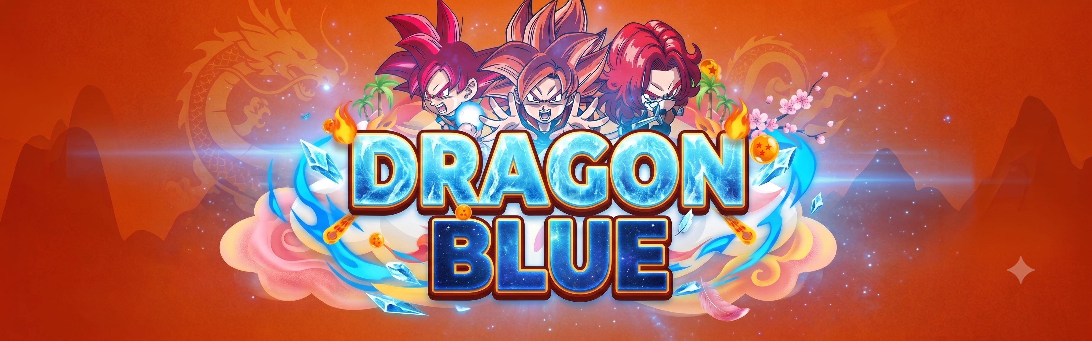 Dragon Blue — logo với các nhân vật và rồng trên nền cam